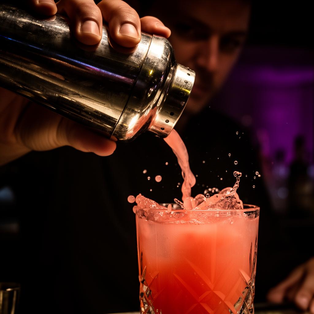 The bartender pouring a coral-pink cocktail