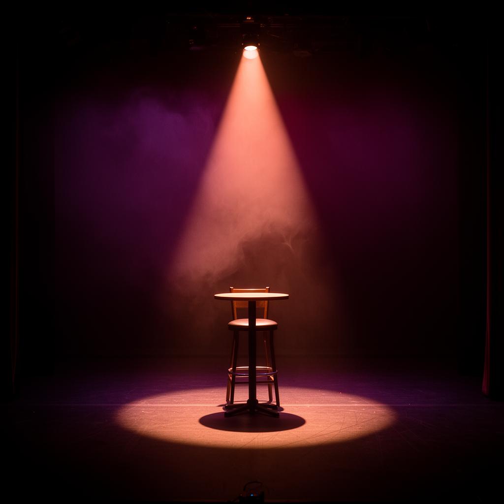 The empty stage at The Fallopian, lit by a single warm spotlight